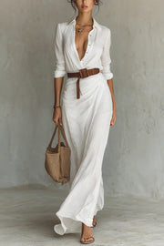 City Sleek Single Breasted Long Sleeve Warp Slit Shirt Maxi Dress