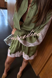 Eye-catching Work Contrast Color Lace Trim Button Up Long Sleeve Loose Blouse