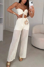 Riley Knit Front Knotted Bandeau and Stretch Hollow Out Wide Leg Pants Set