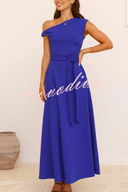 Solid Color Sloped Collar Slim Fit Waist Lace Up Full Hem Maxi Dress