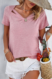 Casual Solid Color Short Sleeved V Neck Hollow T-Shirt