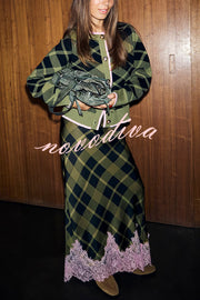 Holiday Plaid Knit Color-blocked Trim Button Long-sleeved Loose Cardigan