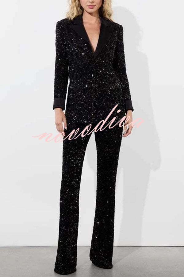 Sparkle Season Sequin Satin Long Sleeve Lapel Formal Party Blazer