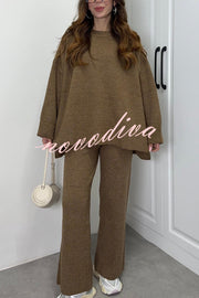 Solid Color Loose Long-sleeved Knit Top and Elastic Waist Casual Straight Leg Pants Set