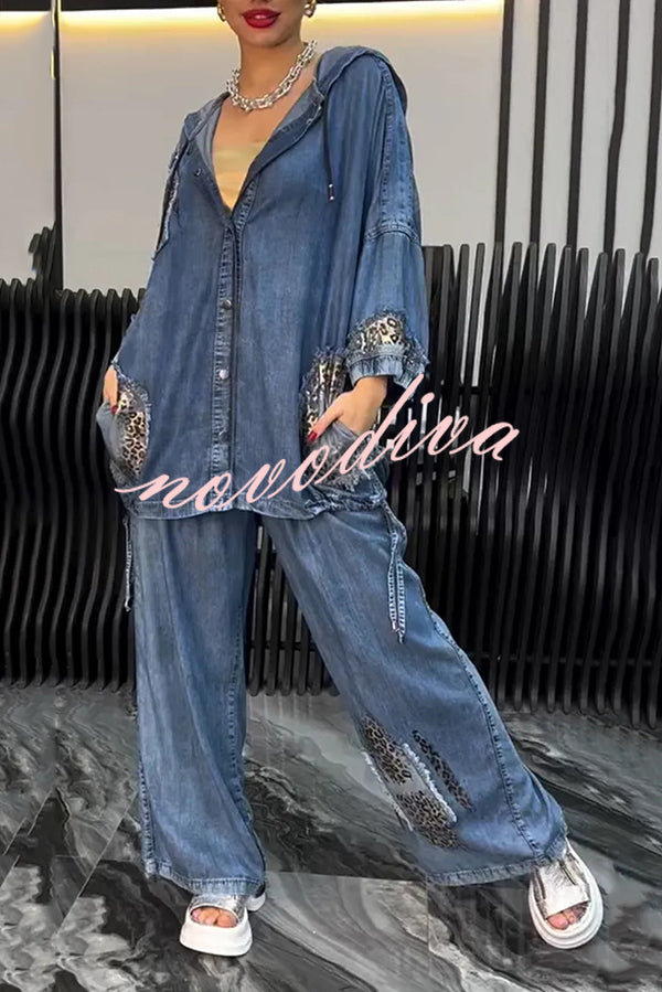 Fashion Loose Hooded Leopard Print Pocket Top and Casual Wide-leg Pants Set
