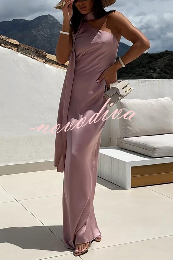 Cheers Babe Satin Solid Color Elegant One Shoulder Tie Maxi Dress