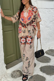 Fiji Ethnic Unique Printed Casual Shirt and Elastic Waist Wide Leg Pants Set