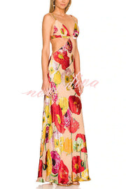 Hawaiian Dreams Satin Floral Print Cutout Backless Maxi Dress