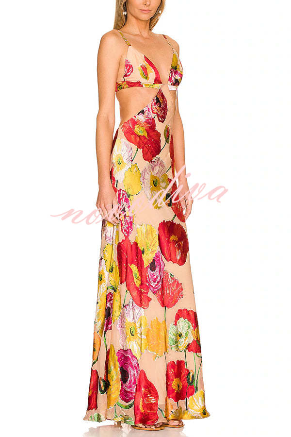 Hawaiian Dreams Satin Floral Print Cutout Backless Maxi Dress