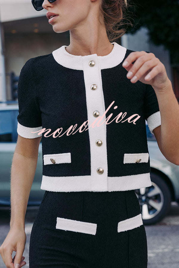 Fashionable Contrast Color Knitted Short-sleeved Button-down Top