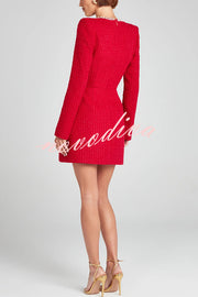 Girly and Glamorous Tweed Fabric Pearl Trim Long Slit Sleeve Pocketed Mini Dress