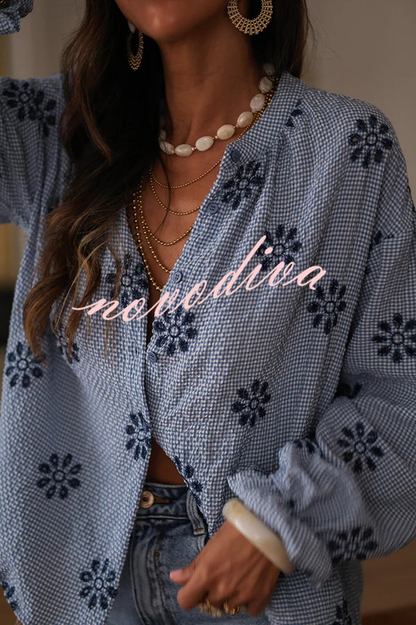Fashionable Embroidered Floral Casual Long-Sleeved Loose Top
