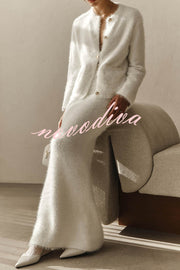 Solid Color Long-sleeved Button-pocket Knitted Jacket and Elegant Long Skirt Set