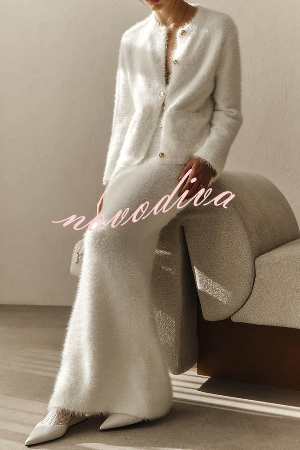 Solid Color Long-sleeved Button-pocket Knitted Jacket and Elegant Long Skirt Set