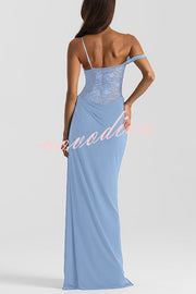 Sexy See-Through Lace Suspender Slim Slit Maxi Dress