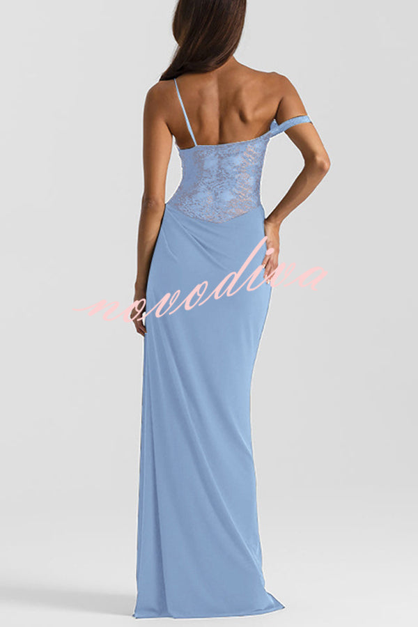 Sexy See-Through Lace Suspender Slim Slit Maxi Dress