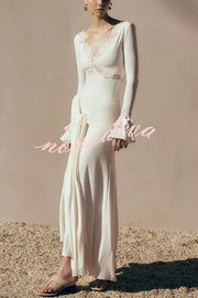 Fashion Lace Splicing Sexy V-neck Long-sleeved Slim Maxi Dress