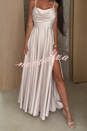 Solid Color Suspender Back Pleated Elegant Slit Full Hem Maxi Dress