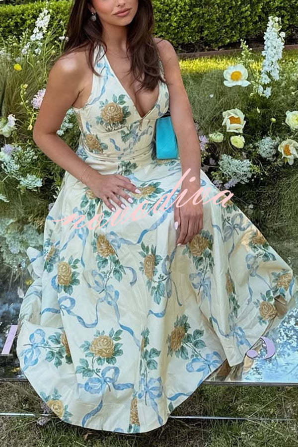 Resort Star Floral Print Waist Halterneck Tie Pocket Midi Dress