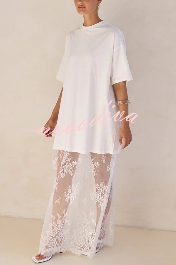 Ophelia Short Sleeve Sheer Floral Lace Hem Oversized T-shirt Maxi Dress