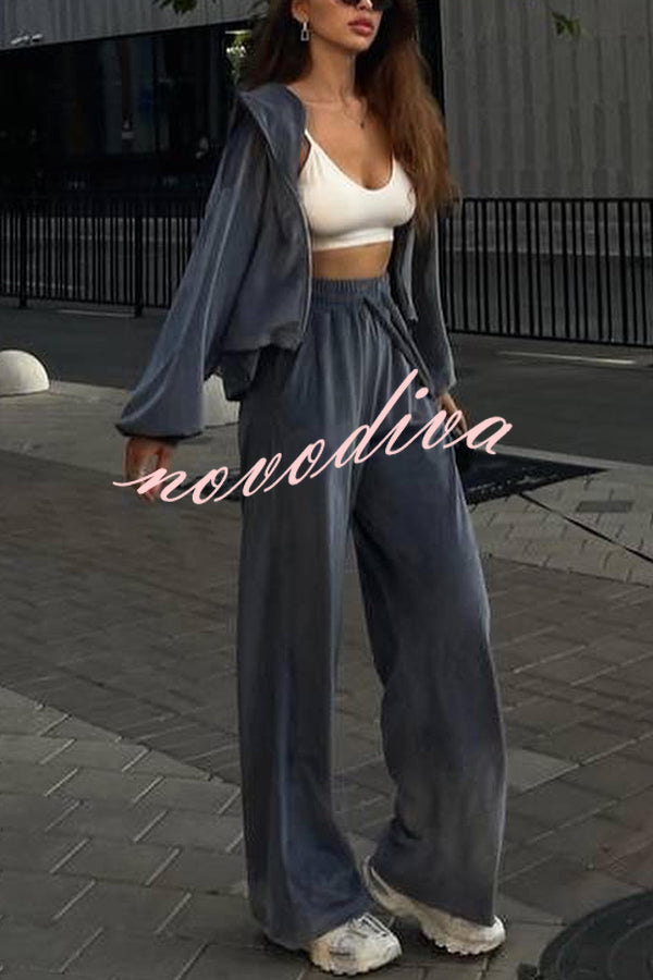 Velvet Casual Zip-up Hooded Top and Elastic Waist Wide Leg Pants Set