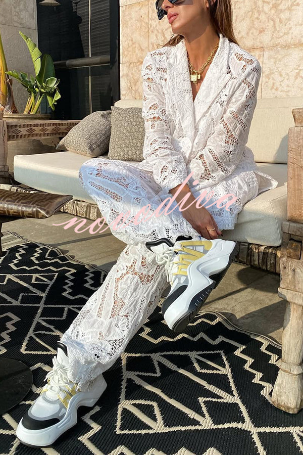 Fashionable Lace Long-sleeved Lapel Loose Top and Casual Hollow Pants Set