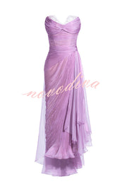 Julie Tulle Lace Trim Off Shoulder Ruched Back Lace-up Drape Slit Maxi Dress
