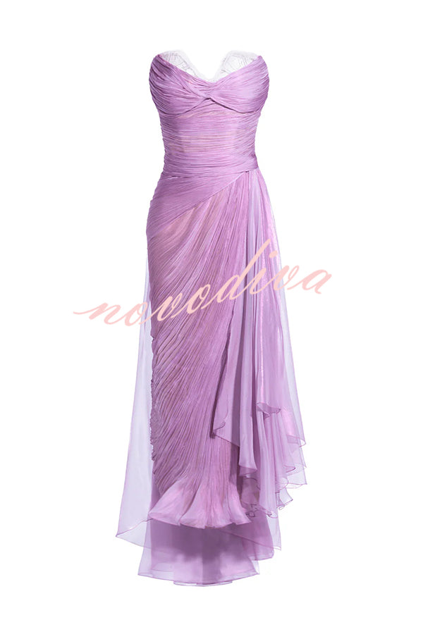 Julie Tulle Lace Trim Off Shoulder Ruched Back Lace-up Drape Slit Maxi Dress