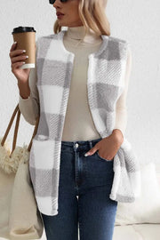 Fashionable Plaid Loose Pocket Sleeveless Jacket