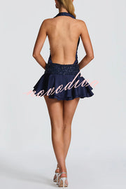 Lara Satin Halter Cowl Neck Bodysuit and Mid-rise Embellished Waistband Layered Hem Skort Set