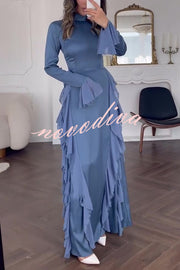 Cline Solid Color High Neck Long Sleeve Elegant Ruffles Maxi Dress