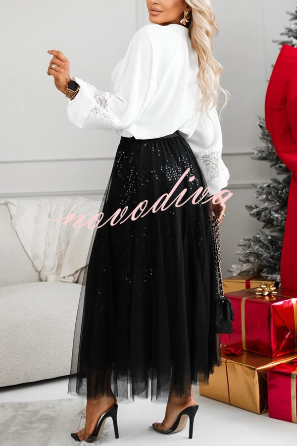 Party Daydream Sequin Tulle High Rise Elastic Waist Maxi Skirt