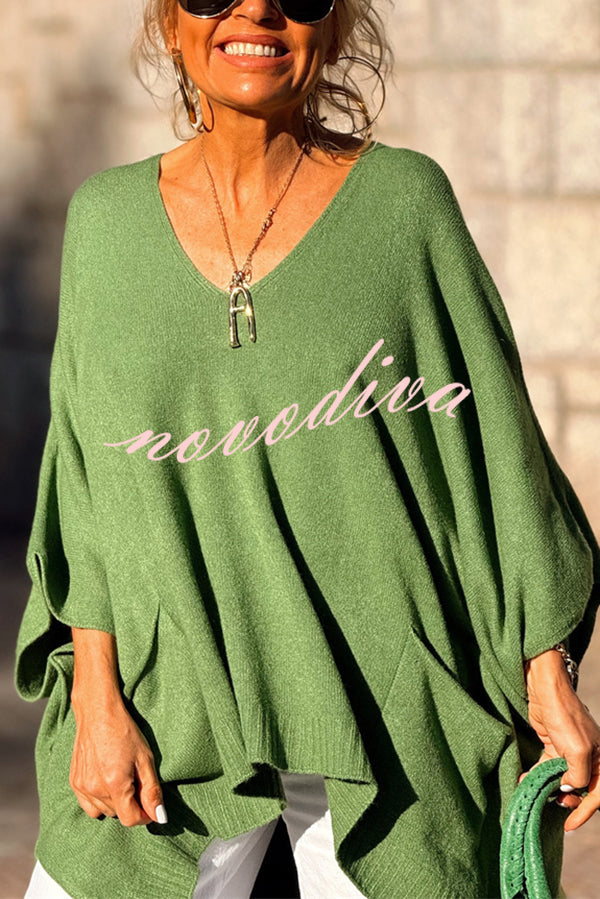 Fashion V-neck Loose Pocket Mid-length Knitted Sweater