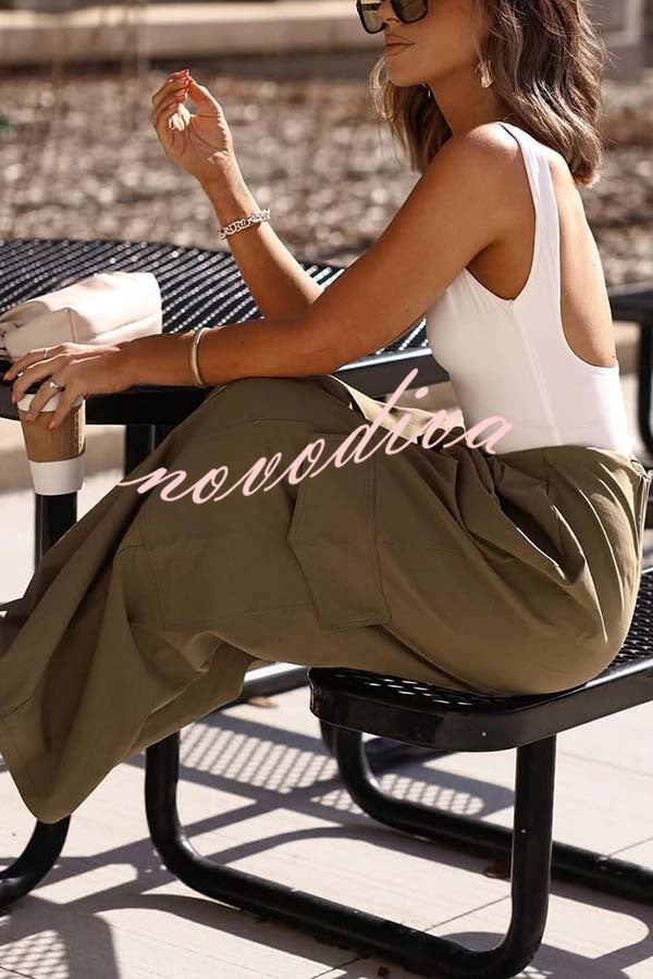 Great Week Pleated Elastic Waist Zipper Pocket Wide Leg Cargo Pants