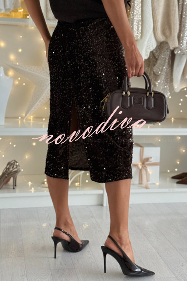 Light The Night Velvet Sequin High Rise Elastic Waist Pencil Slit Midi Skirt