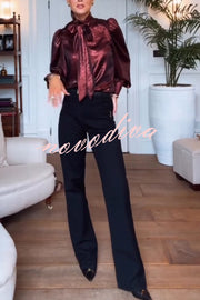 Ariella Metallic Satin Fabric Tie-up Bow Neck Long Sleeve Blouse