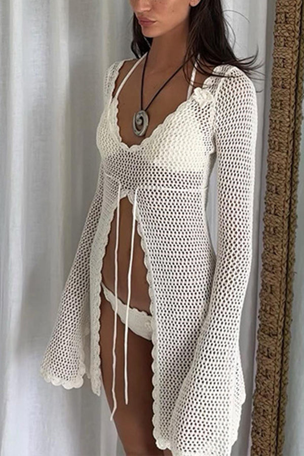 Elegant Knitted Cutout V Neck Lace Up Long Sleeves Cover Ups