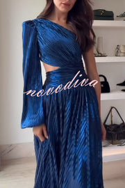 Dazzling Night Metallic Pleated One Shoulder Cutout Balloon Sleeve Gown Maxi Dress