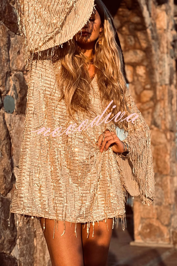 Flowing Shimmer Sequin Tassel Fabric Bell Sleeve Back Tie-up Loose Mini Dress