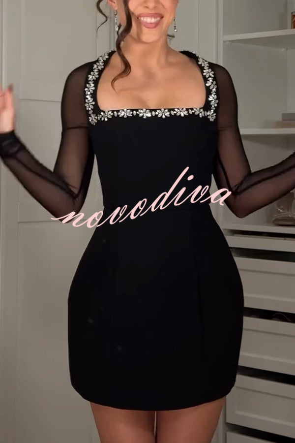 Emmey Jewel Embellished Trim Square-Neck Mesh Long Sleeve Mini Dress