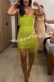 Sparkle Night Beaded Sequined Tassel Slip Midi Dress