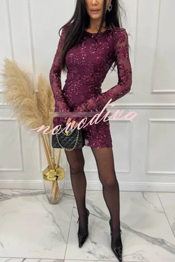 Deep and Dazzling Floral Texture Sequin Long Bell Sleeve Open Back Mini Dress