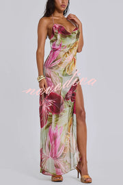 Floral Print Sexy Backless Slit See-Through Holiday Maxi Dress