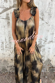 Fashionable Gold-stamped Suspenders Loose Pocket Wide-leg Jumpsuit