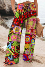 Colorful Printed Elastic Waist Drawstring Pocket Casual Pants