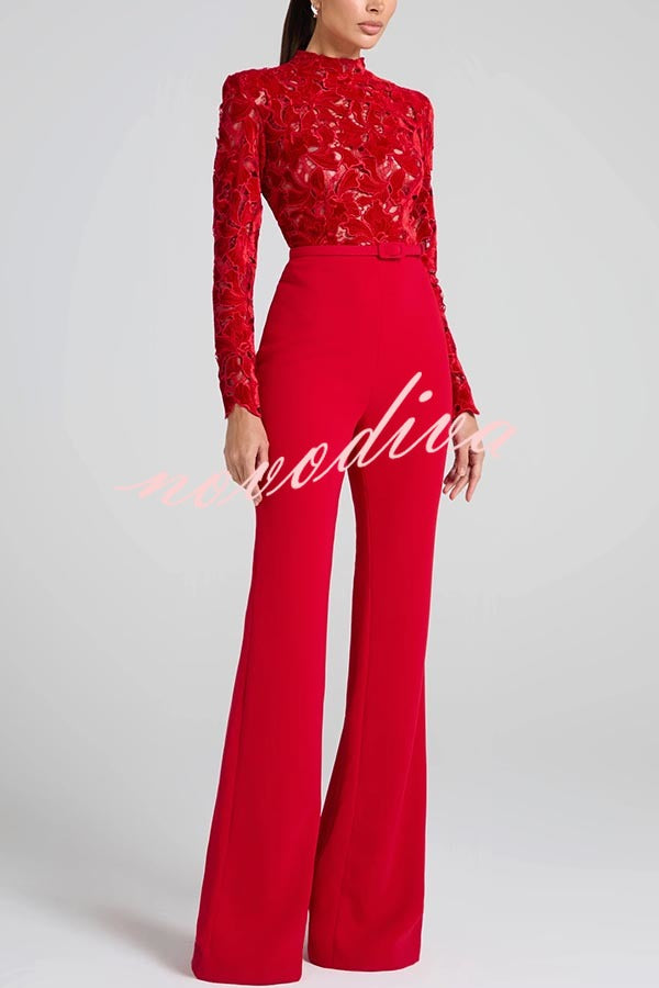 Eleanor Embroidered Floral Lace Long Sleeve Patchwork Belt Flare Jumpsuit