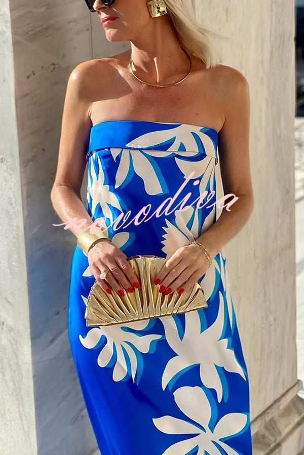 Fashion Vacation Satin Unique Print Off Shoulder Maxi Dress