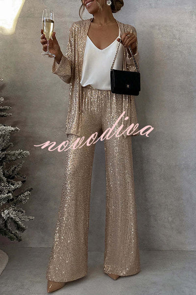 Party Scene Sequin High Rise Elastic Waist Wide Leg  Pants