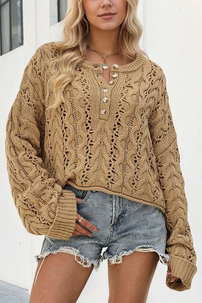 Solid Color Loose Long-sleeved Openwork Cable Knit Sweater