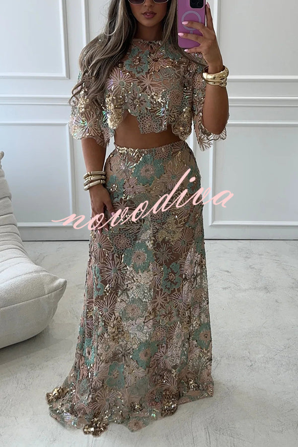 Fashionable Embroidered Flower Sequined Crop Top and Elegant Sheer Maxi Skirt Set